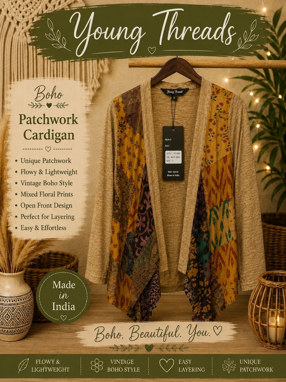 189 Young Threads Boho Patchwork Cardigan - Beige with Multicolor Panels